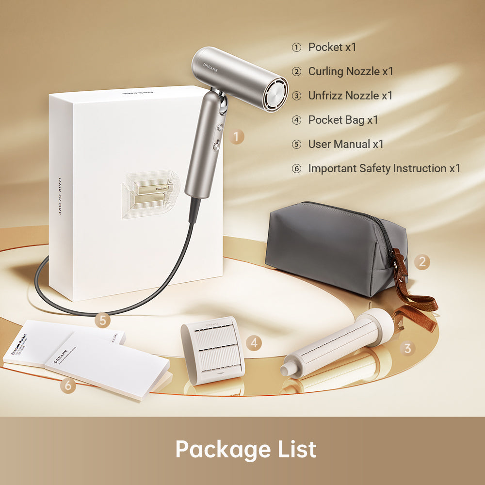 Dreame Pocket hair dryer set with free curling nozzle unfrizz nozzle user manual important safey instruction and storage bag included