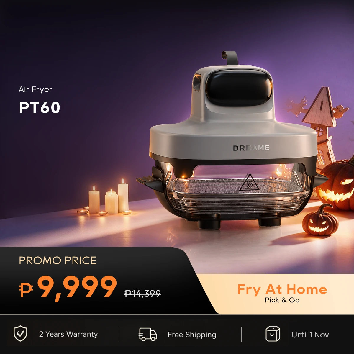 Dreame PT60 5 in 1 Glass Air Fryer 360° Panoramic Viewing Portable Healthy Hot Air Cooking