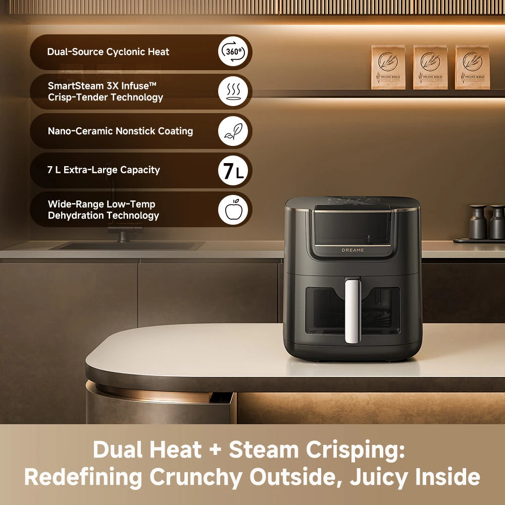 Dreame AF30 air fryer highlighting its top features including smart cooking, large capacity, and advanced heating