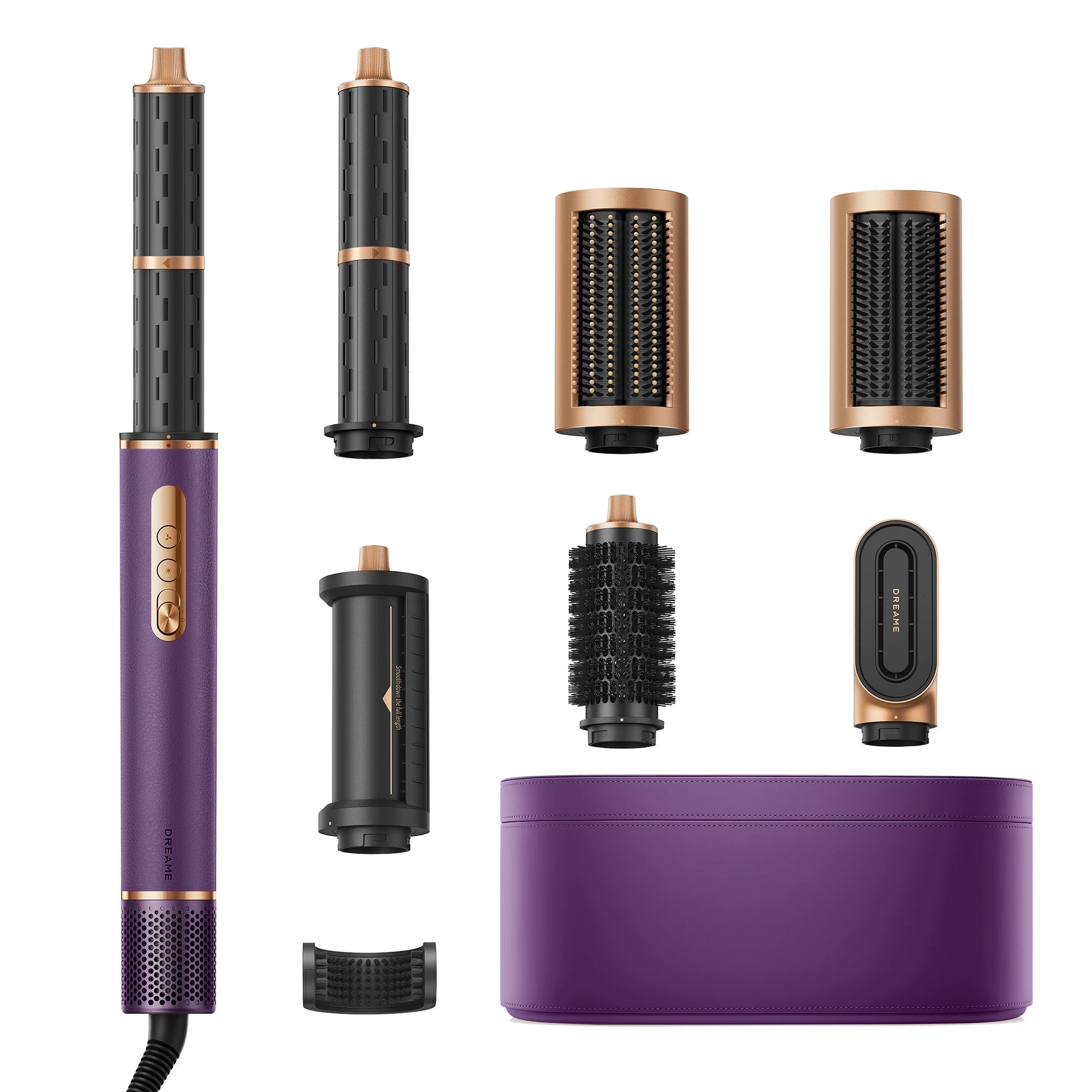 Purple Dreame AirStyle Pro hair styler displayed on a white background showcasing the complete styling device