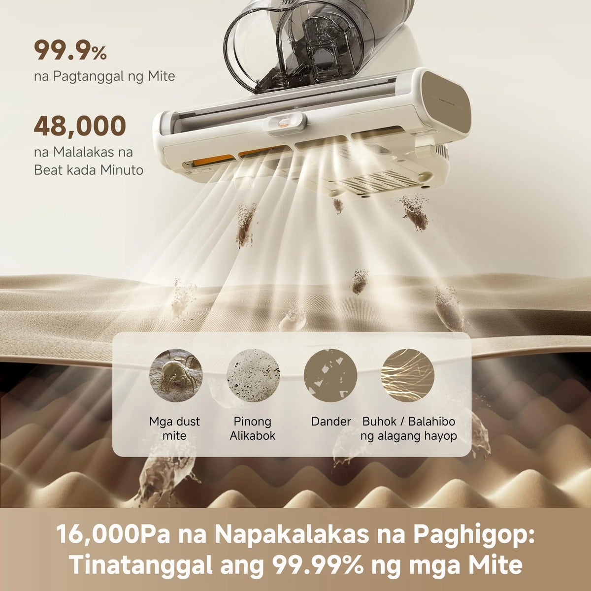 16000Pa mite remover removes dust mites dirt and allergens effectively