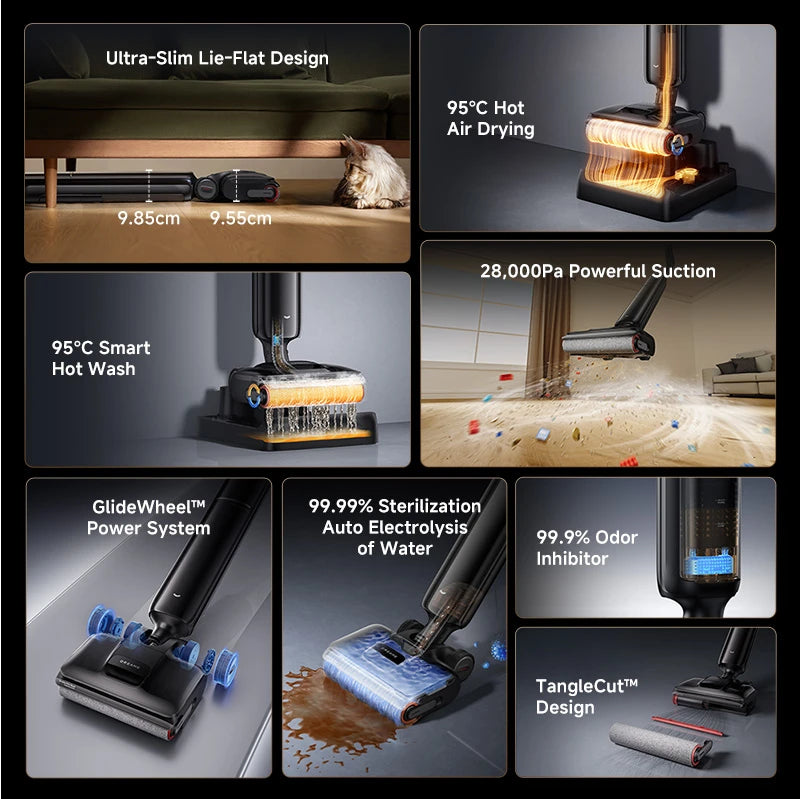 Dreame H16 FlexReach wet and dry vacuum highlighting its key cleaning technologies and advanced performance features