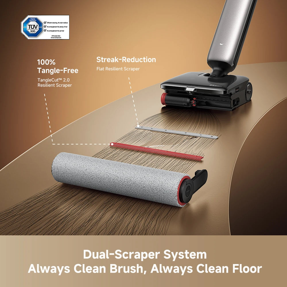 dual scraper system keeps the brush clean while washing floors with fresh water