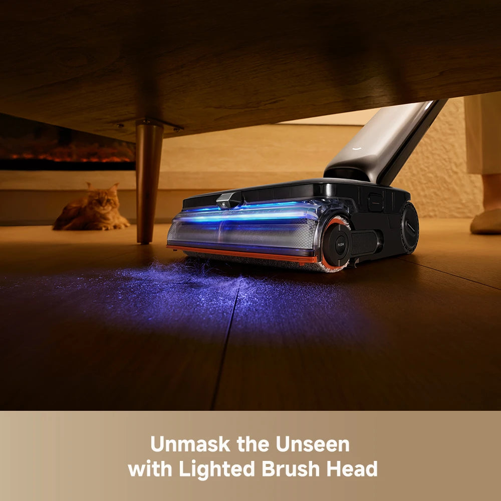 illuminated brush head reveals hidden dust dirt and debris during cleaning
