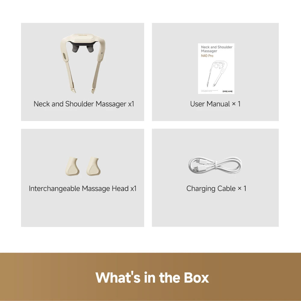 Dreame N40 Pro neck massager package contents showing the device and included accessories