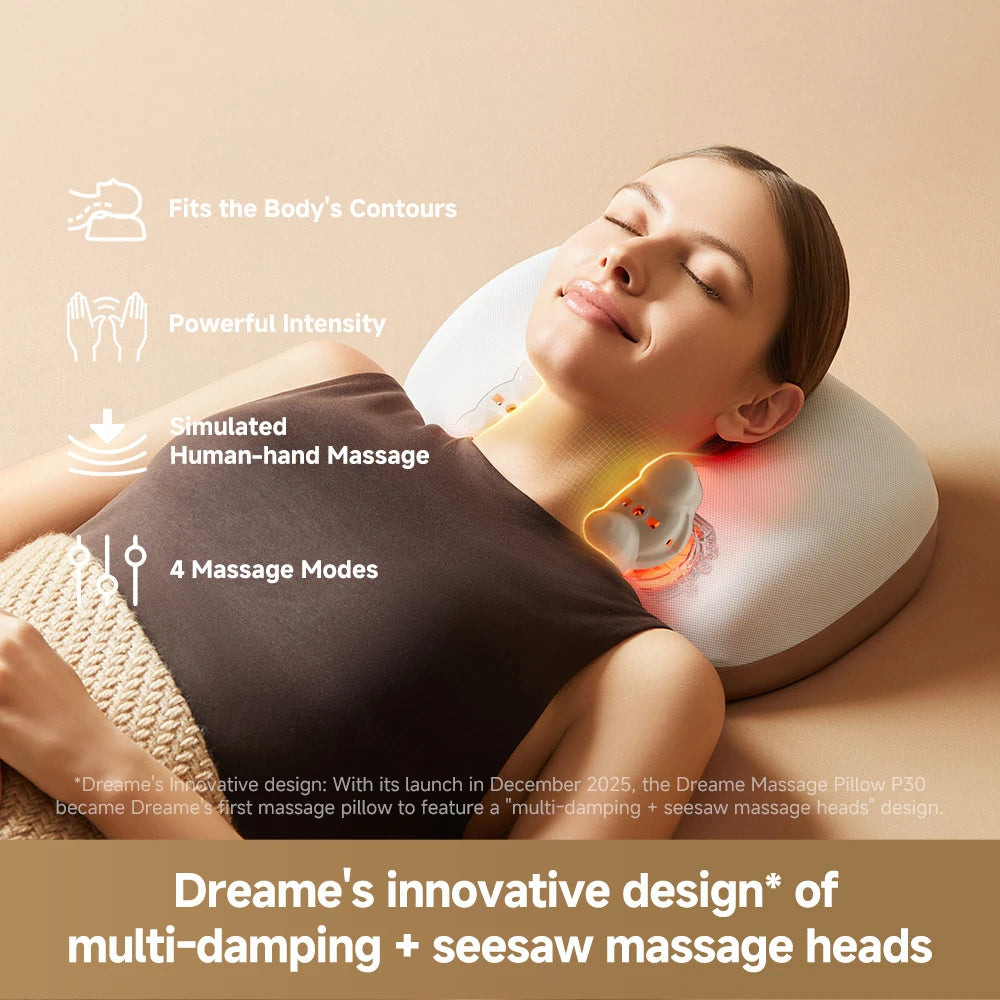 Dreame P30 massage pillow featuring innovative multi-damping seesaw massage heads for deeper muscle relief
