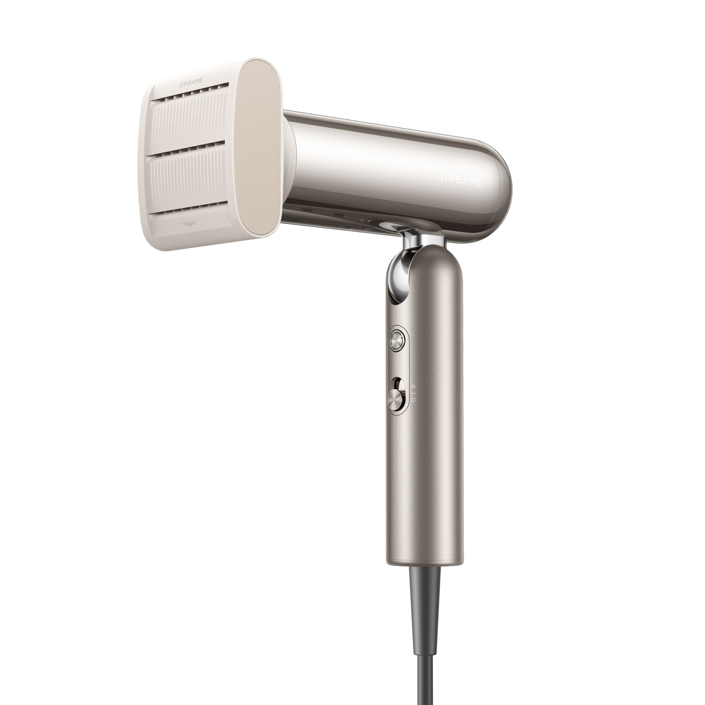 Dreame Pocket gold hair dryer in 3/4 right upward view with nozzle attachment