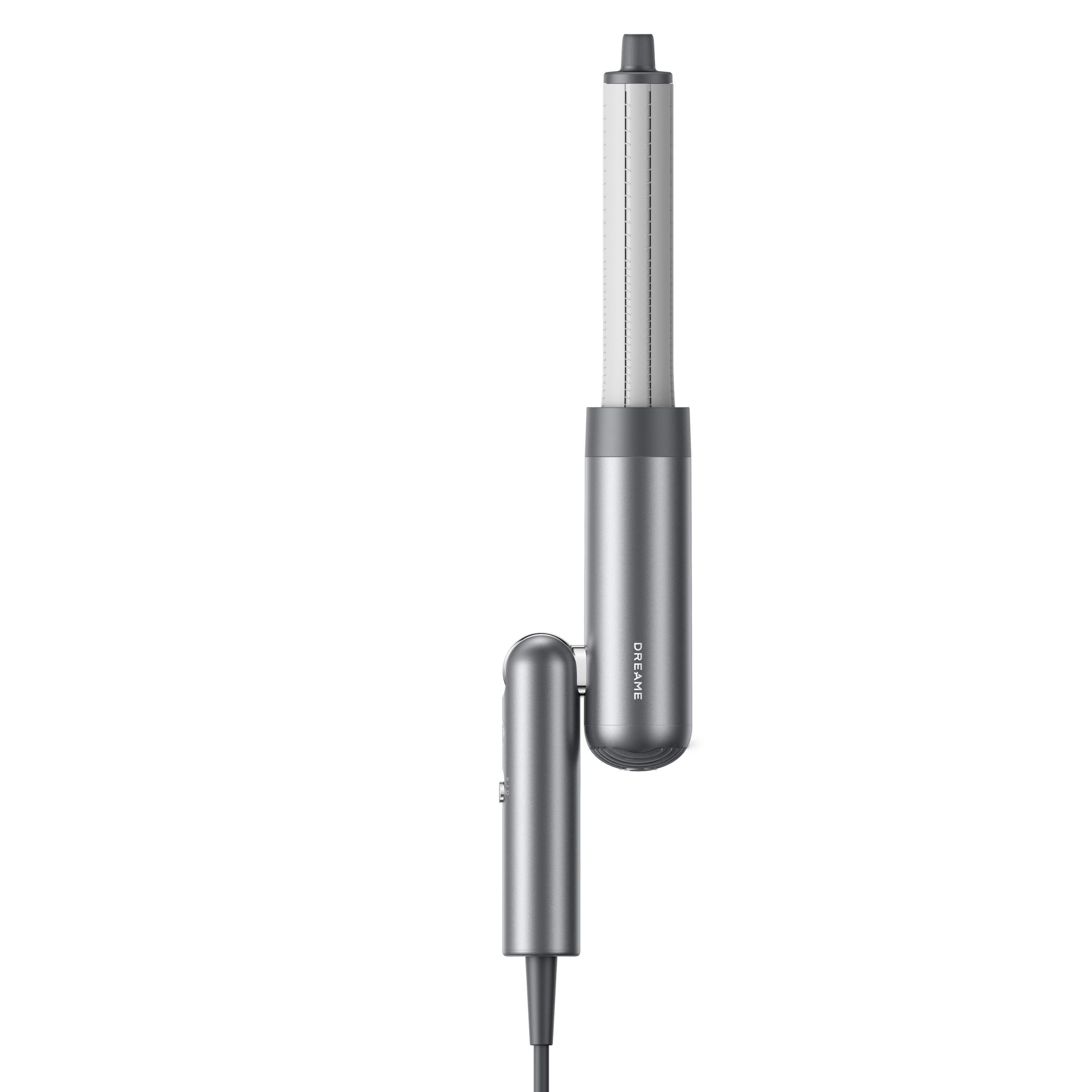 Dreame Pocket gray hair dryer using curling nozzle on right side