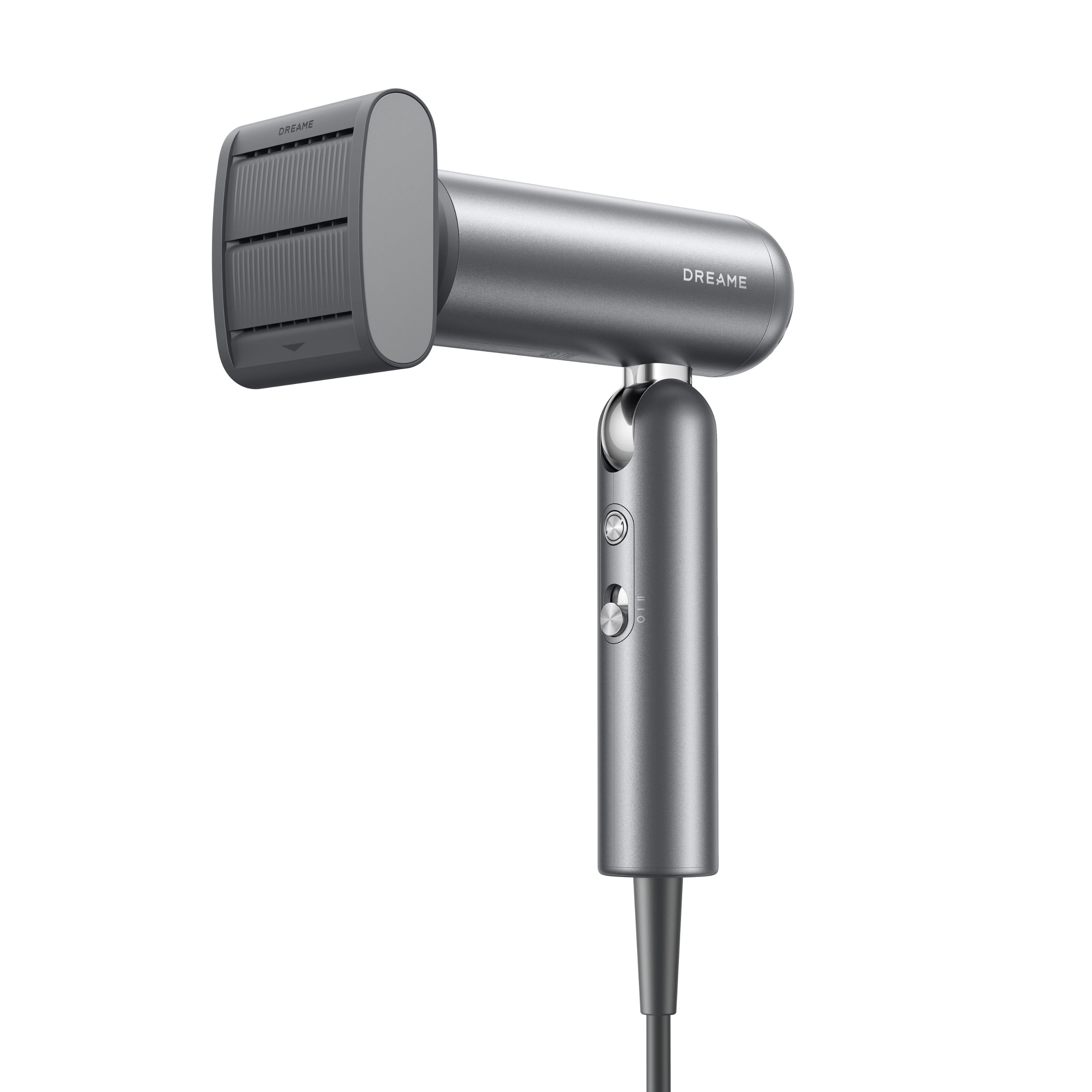 Dreame Pocket gray hair dryer in 3/4 right upward view with nozzle attachment