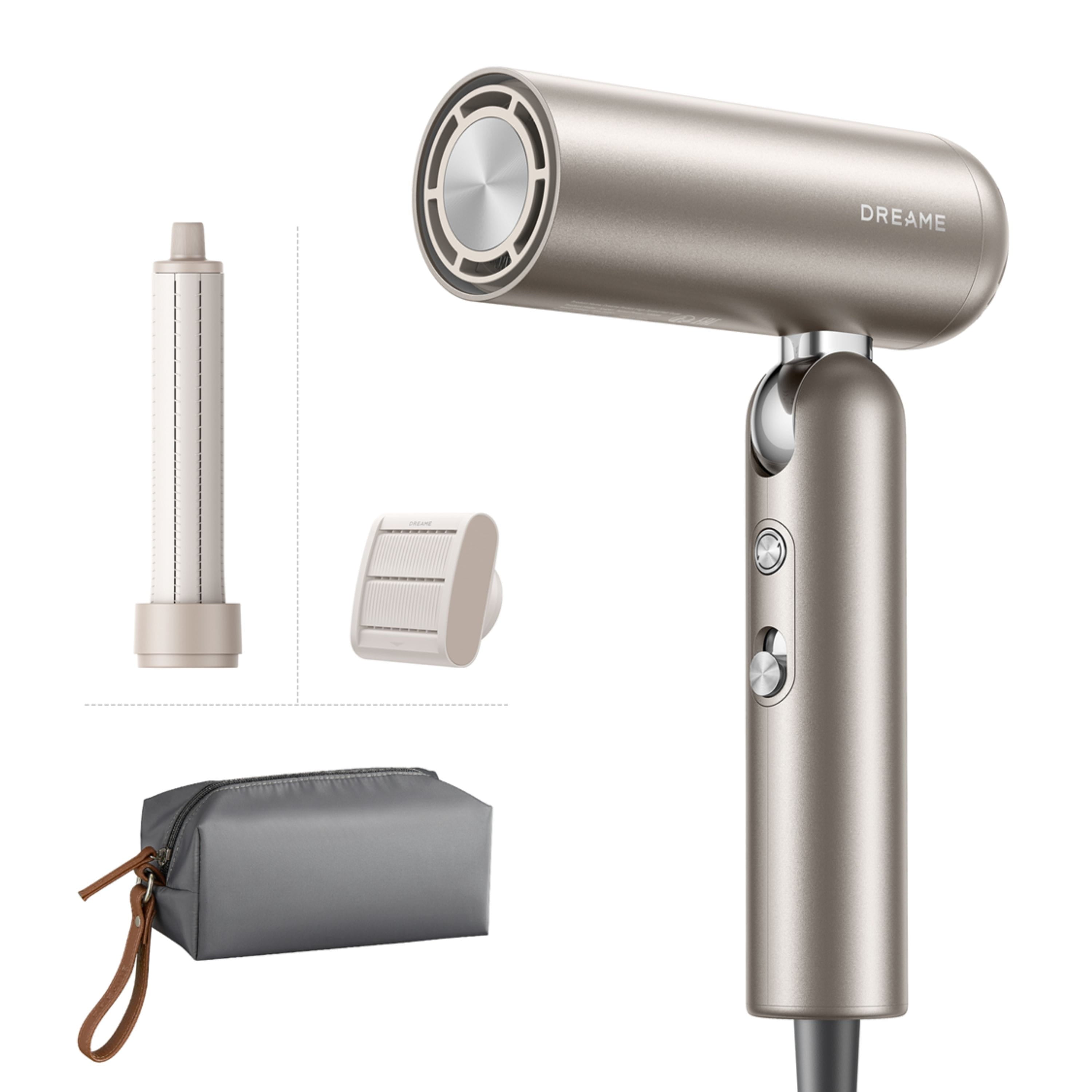 Dreame Pocket gold hair dryer set with free curling nozzle unfrizz nozzle and storage bag included
