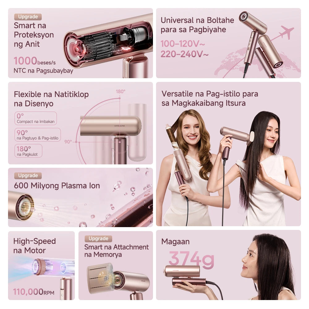 AI-powered hair dryer featuring intelligent heat control and personalized styling recommendations for healthier hair