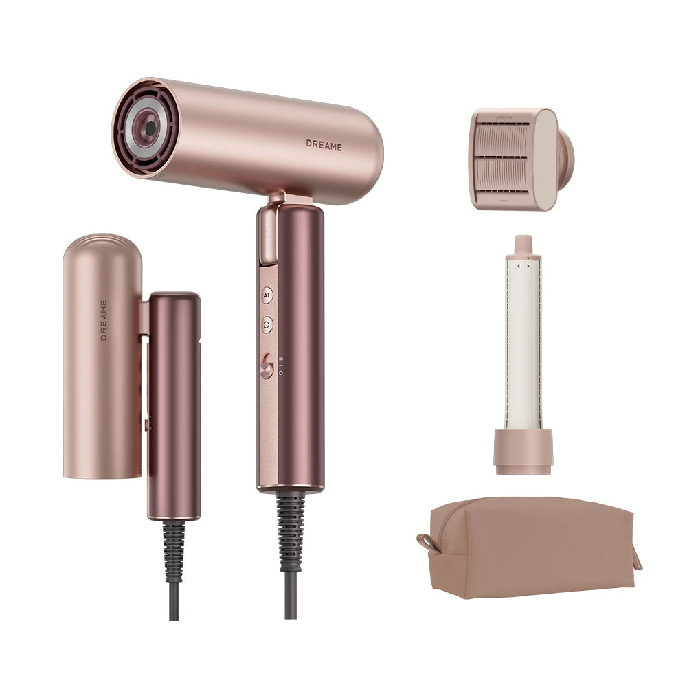 Dreame Pocket Uni Aura hair dryer and styler in pink with foldable design for travel and everyday styling