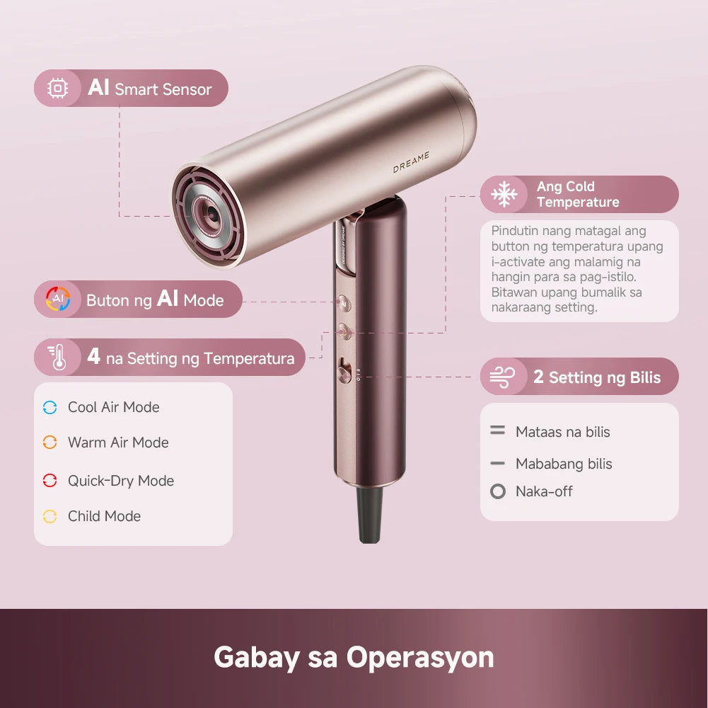 User guide for Dreame Pocket Uni Aura with instructions on styling modes, controls and attachments
