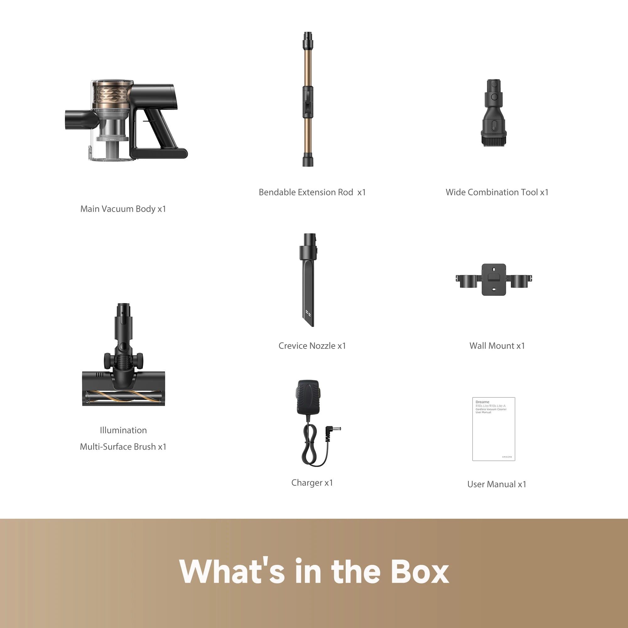 Dreame R10S Lite package includes cleaning attachments and accessories