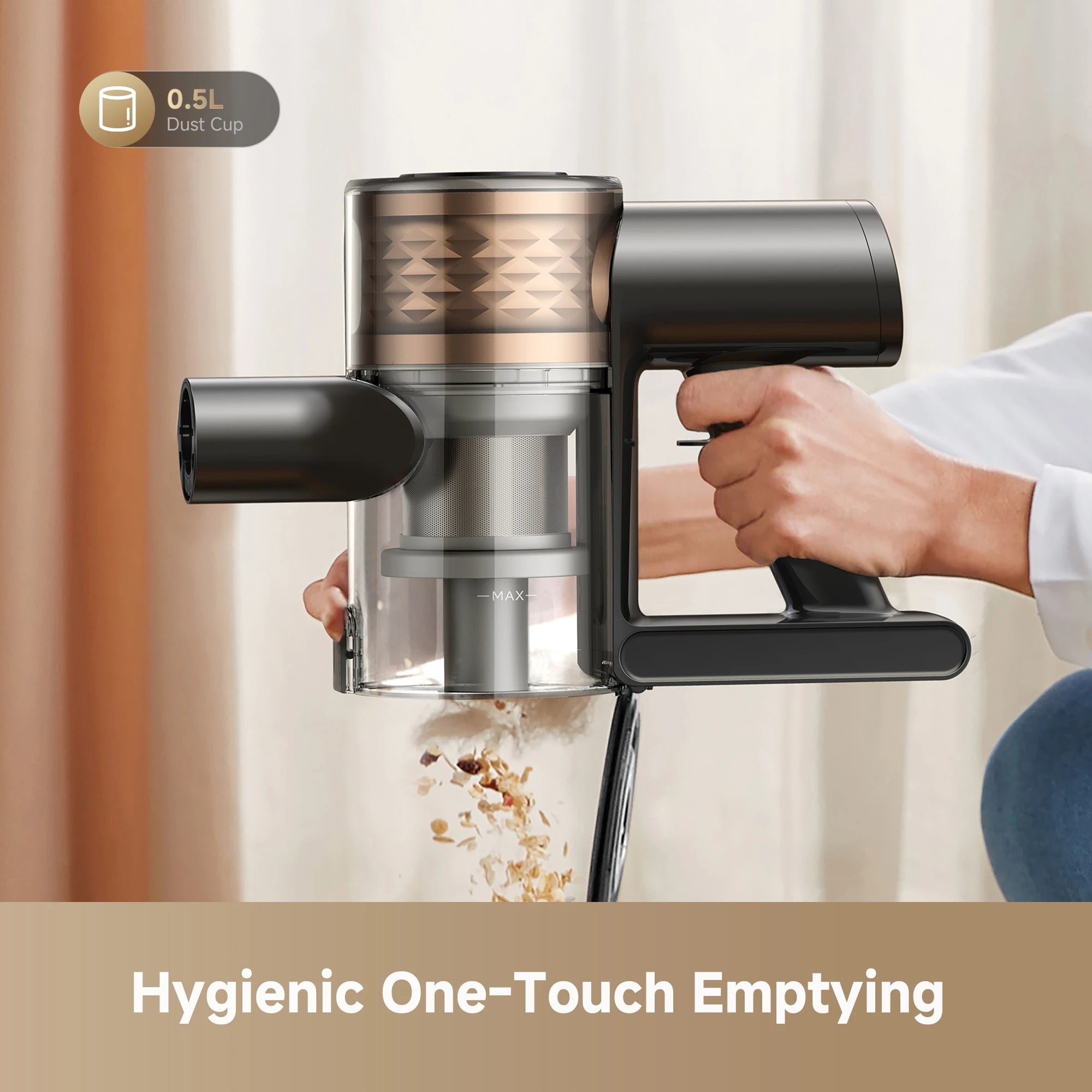 hygienic one touch dust emptying keeps hands cleaner after vacuuming