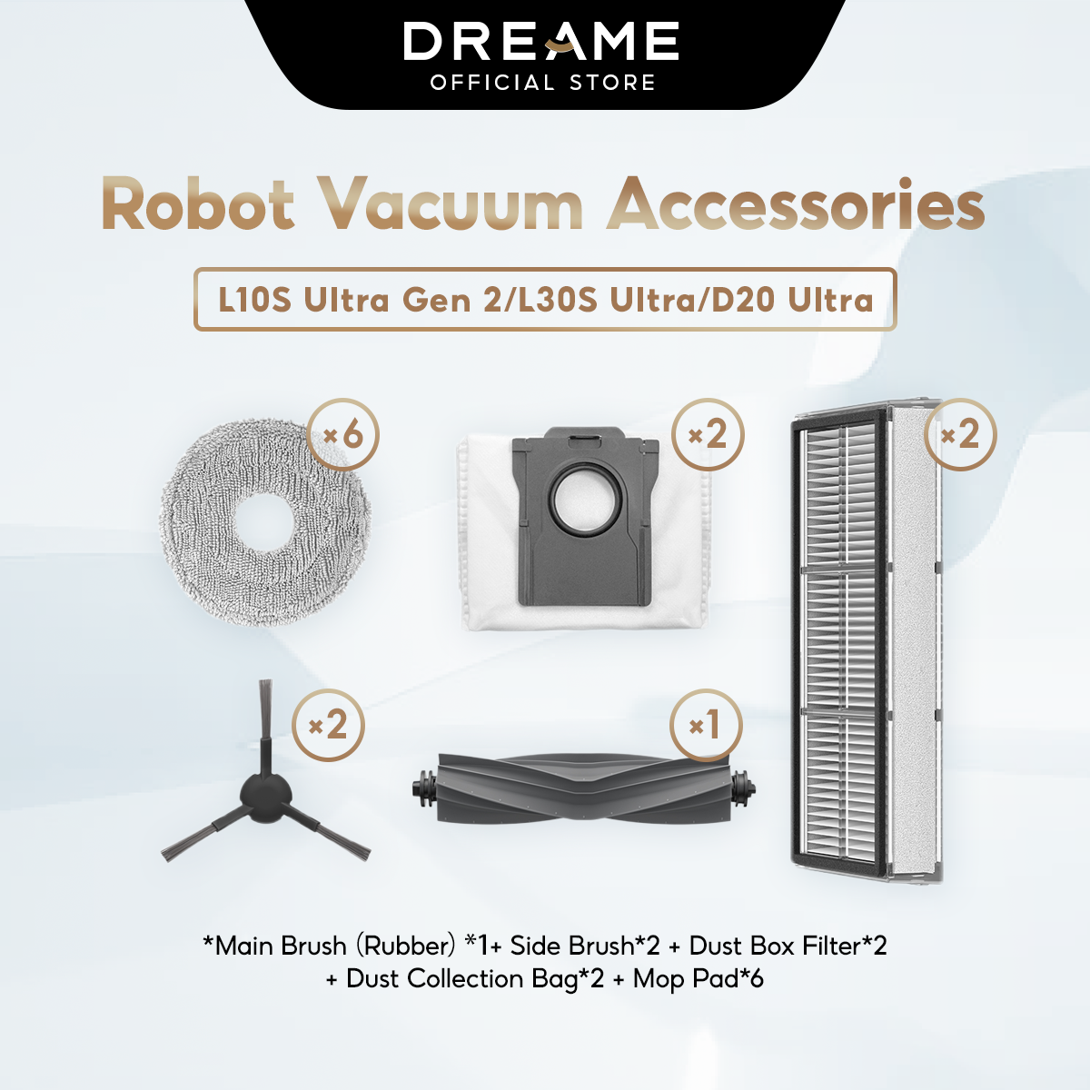 Dreame robot vacuum replacement accessories kit for L10S Ultra Gen 2, L30S Ultra, and D20 Ultra.