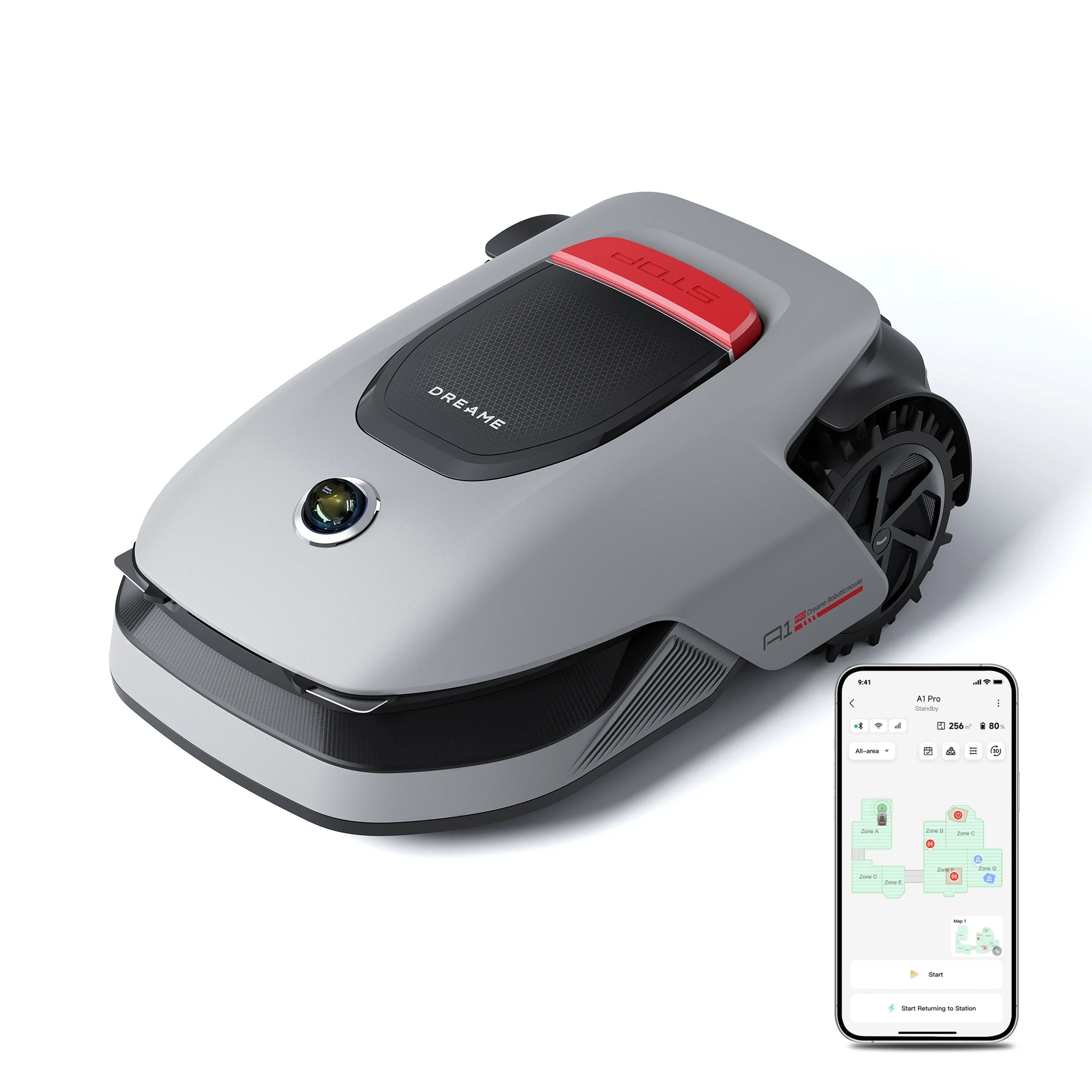 Dreame Roboticmower A1 Pro robotic lawn mower displayed on a clean white background showcasing its premium design and smart mowing technology