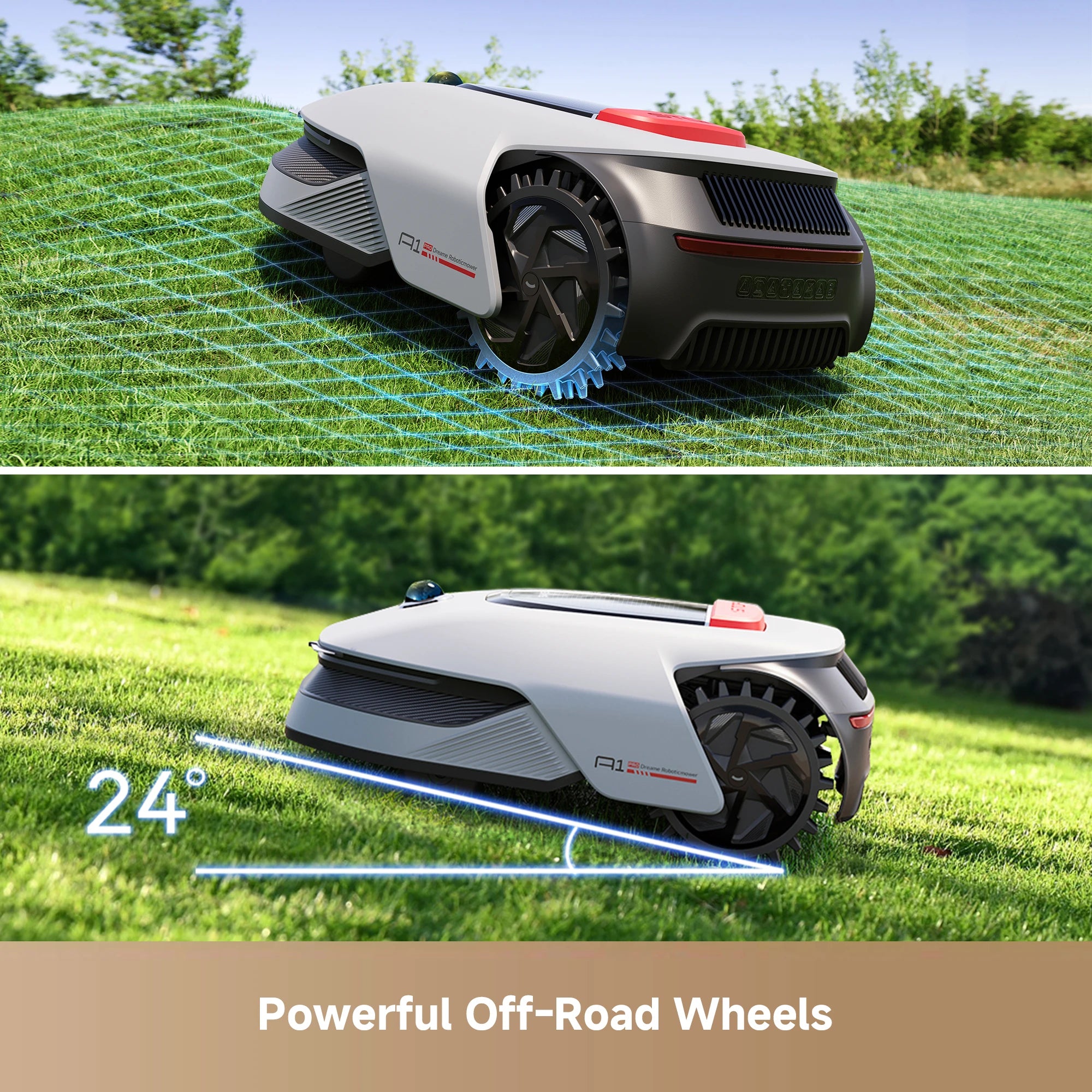 Dreame Roboticmower A1 Pro equipped with powerful off-road wheels for stable movement on varied terrain