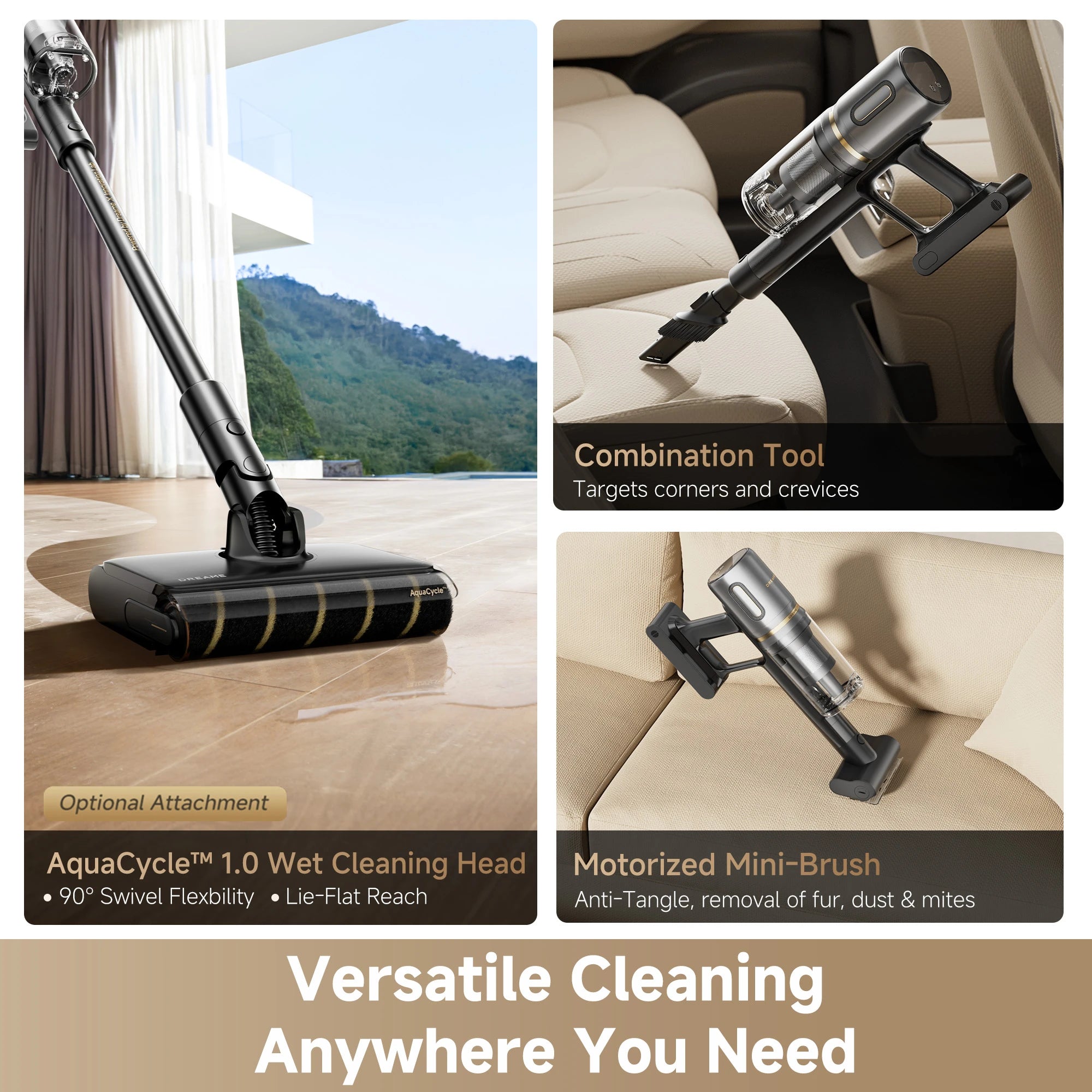 Dreame V20 cordless vacuum cleaning attachments including AquaCycle wet cleaning head and combination tool