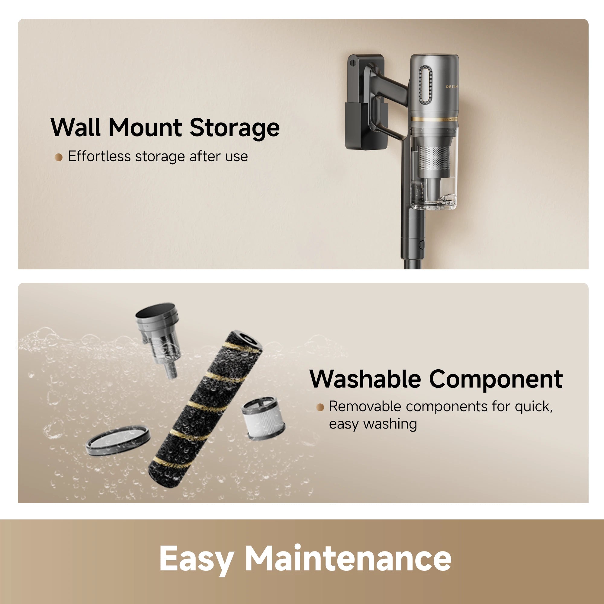 Easy maintenance wall mount storage and washable filter components for Dreame V20 cordless vacuum