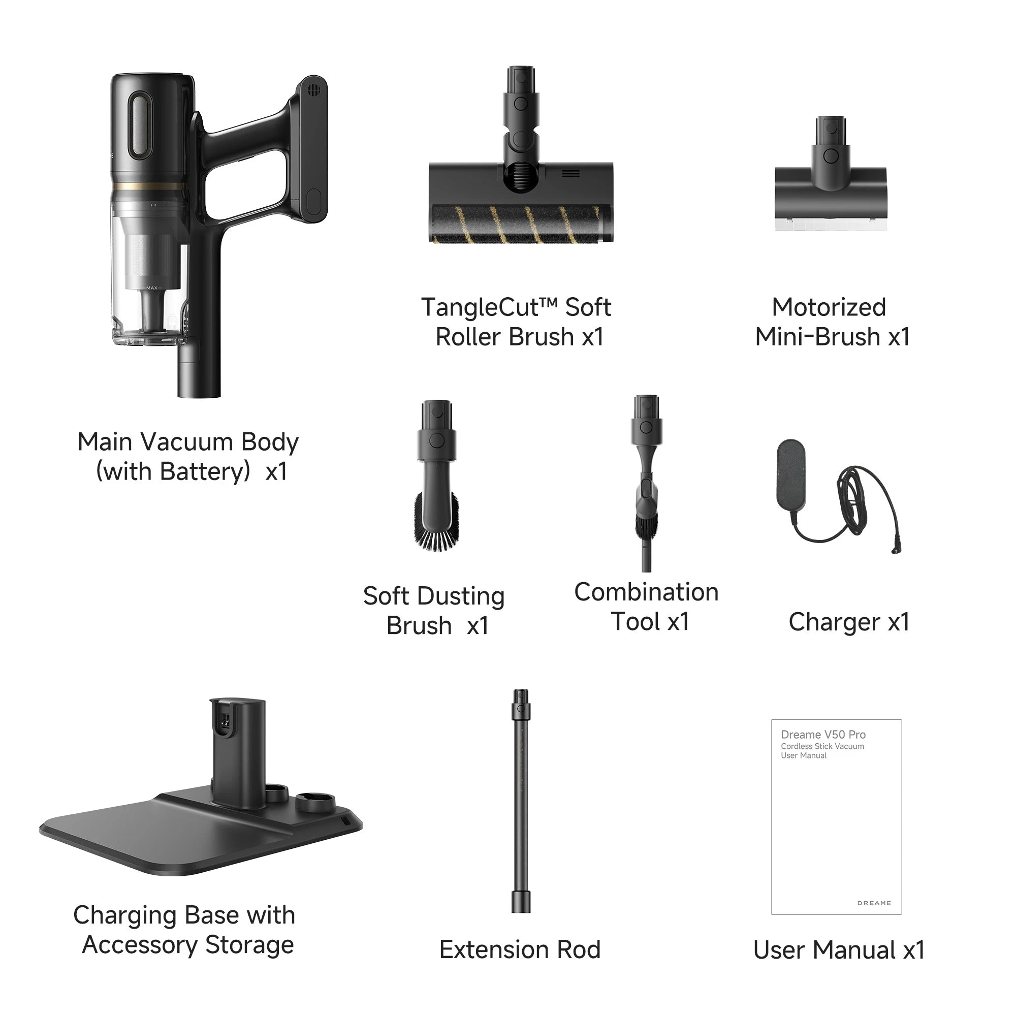 Complete package contents and accessories list for Dreame V50 Pro cordless stick vacuum cleaner