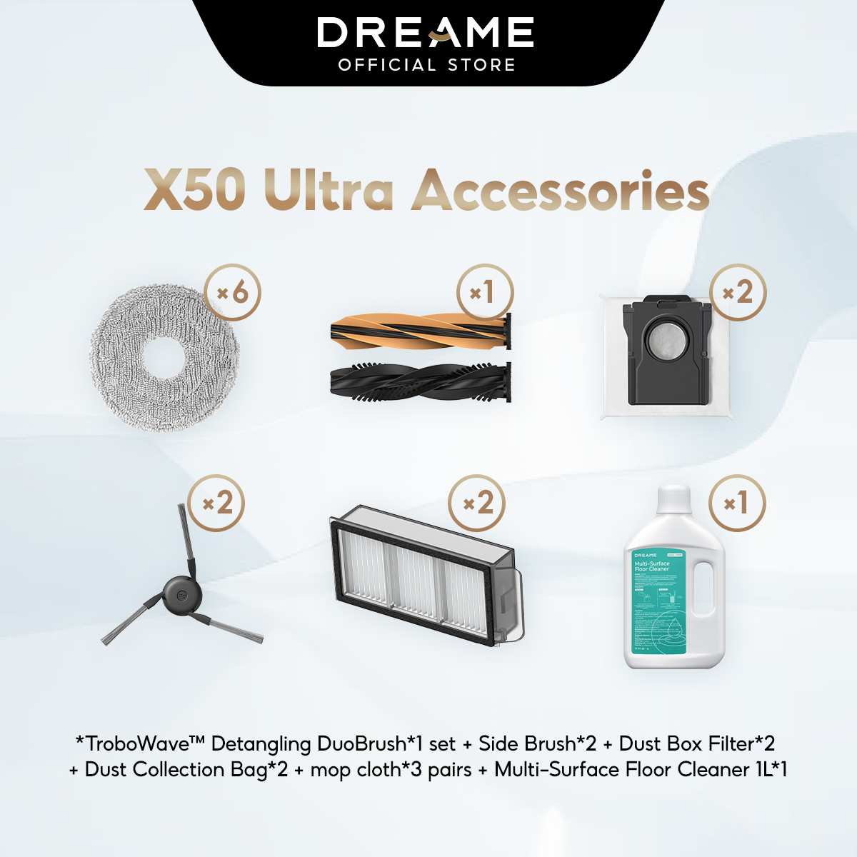 Dreame X50 Ultra robot vacuum replacement accessories set.