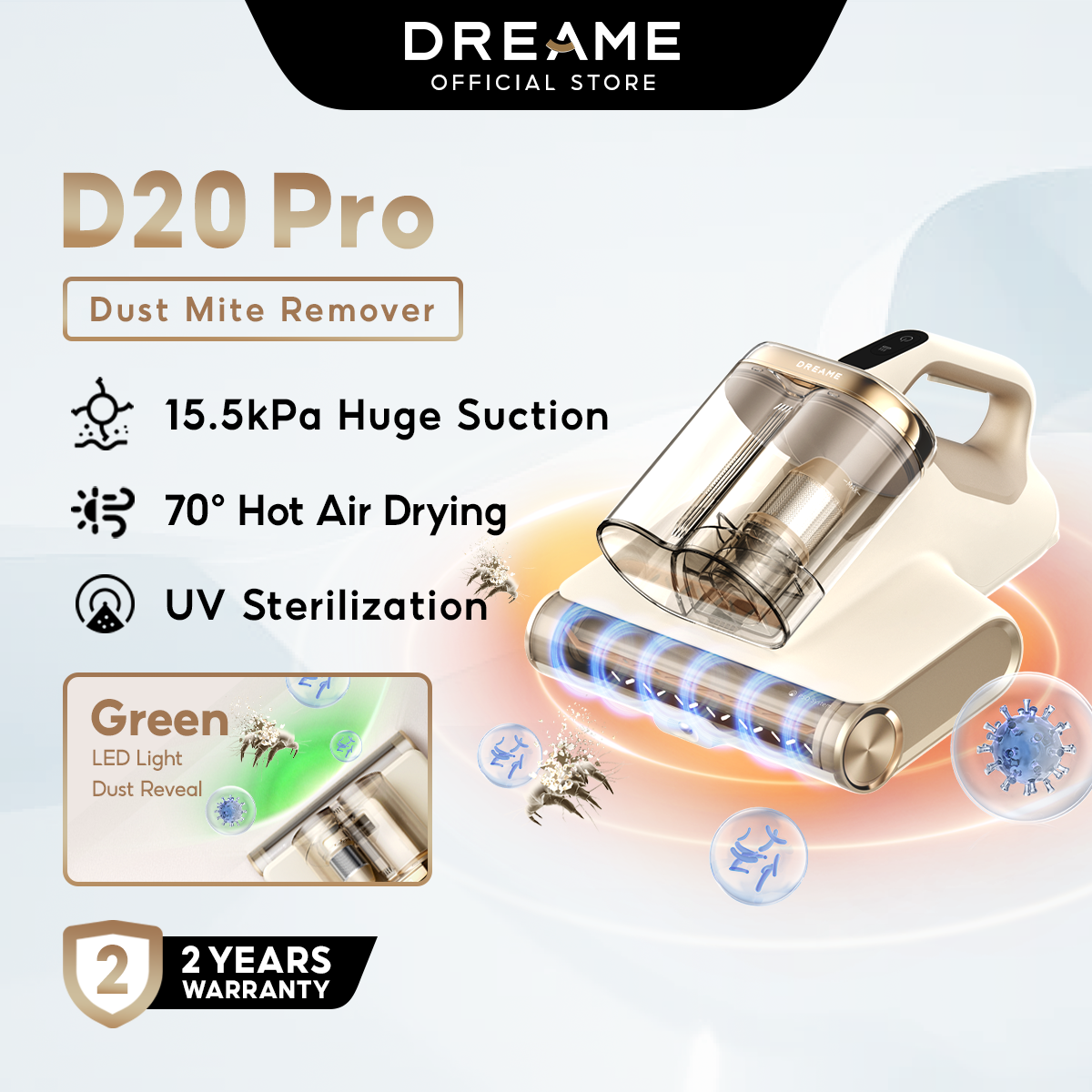 Dreame D20 Pro Dust Mite Vacuum 70℃ Hot Air Dehumidification High-Freq Flap 99.9% UV Light