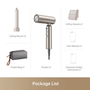 Dreame Pocket Hair Dryer package list with styling nozzles and accessories.