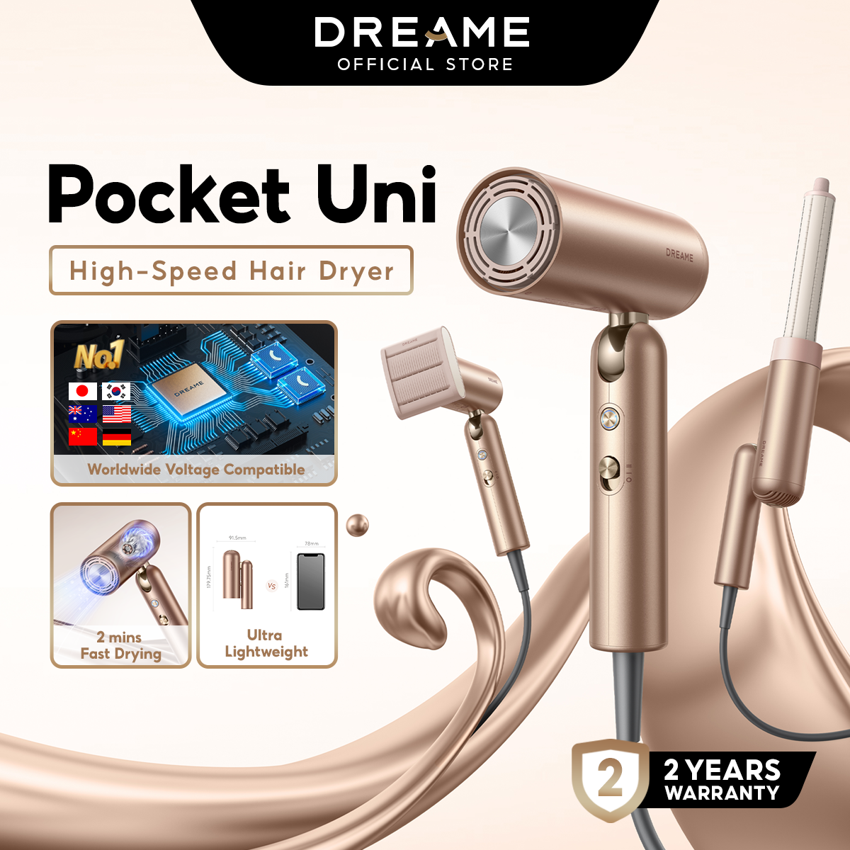 Dreame Pocket Uni All-in-One Hair Dryer Quick 40s Dry, Smooth & Curl Style