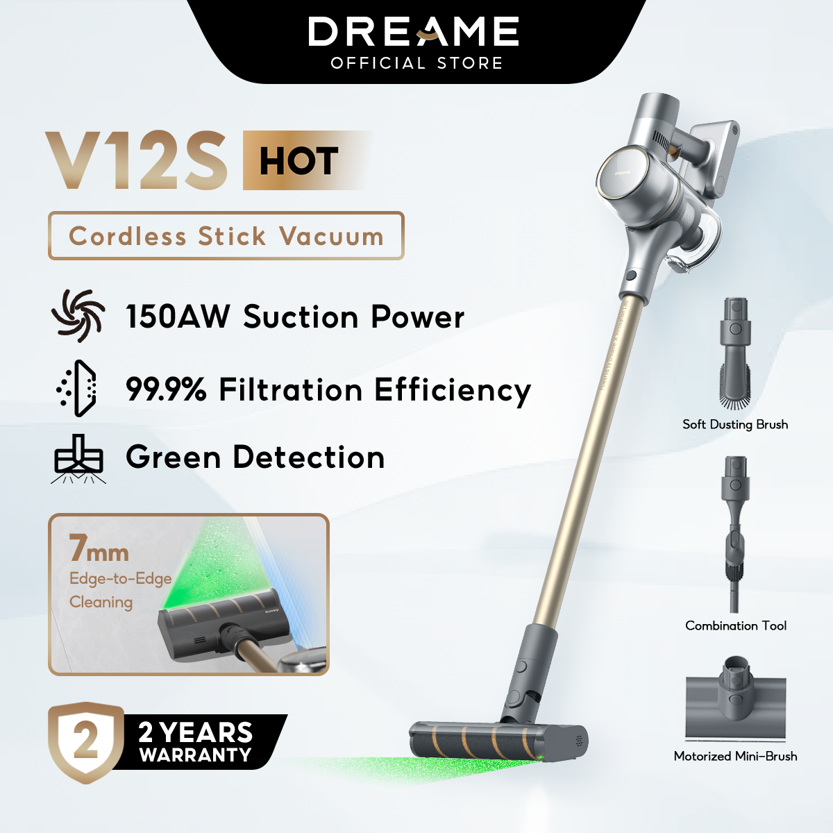 Dreame V12S 20Kpa Cordless Stick Vacuum 150AW Suction Advanced Green Detection 65mins Runtime