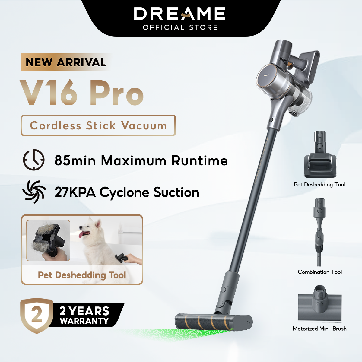Dreame V16 Pro Cordless Stick Vacuum 27KPA Suction Pet friendly 85-min Runtime Green Detection