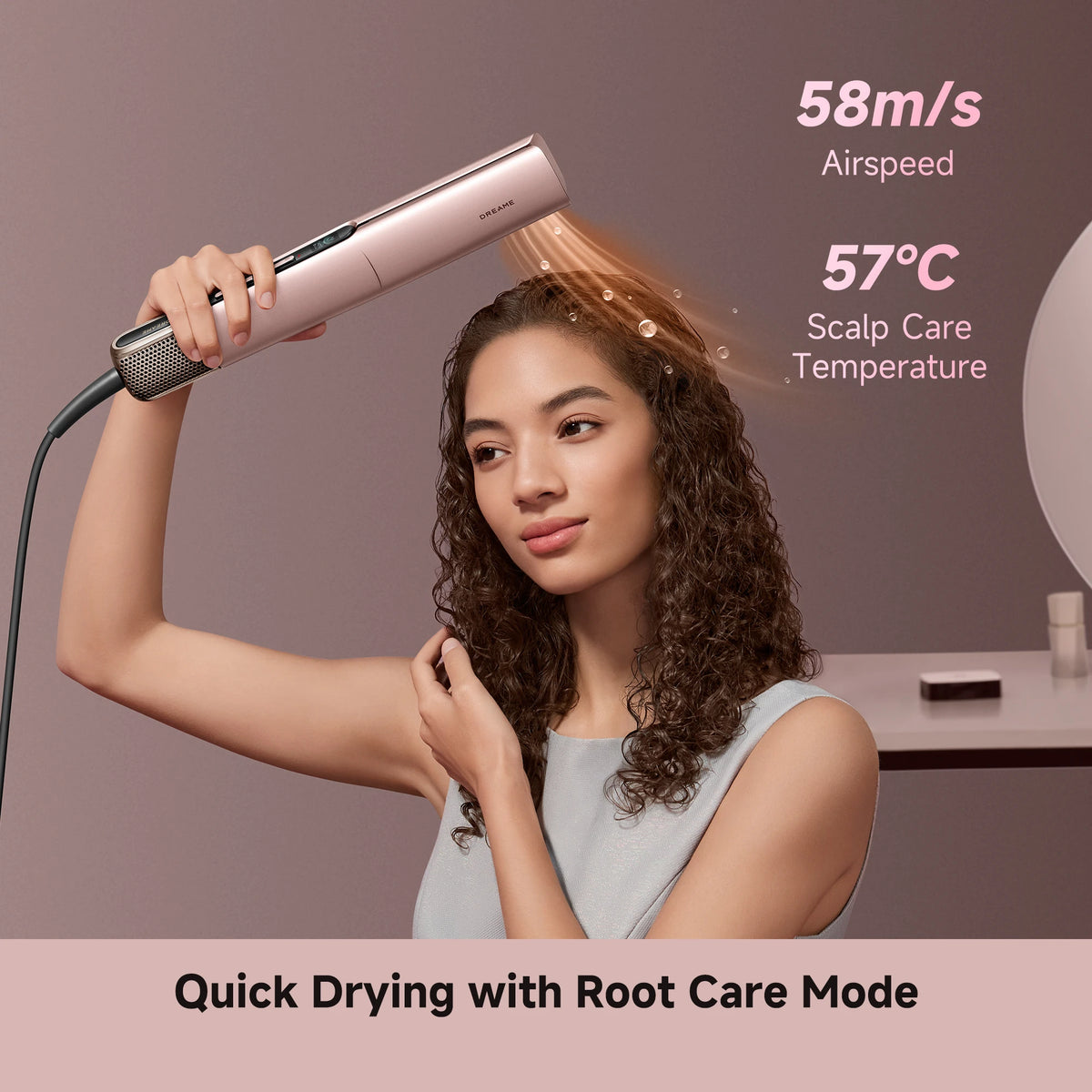 57 degree scalp care mode protects roots while drying and styling