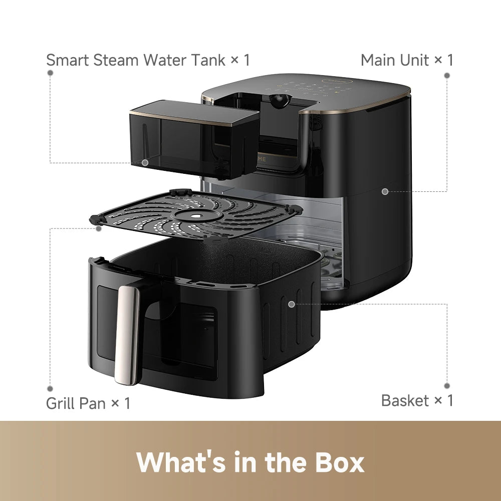 Dreame AF30 air fryer package contents showing the appliance and included accessories