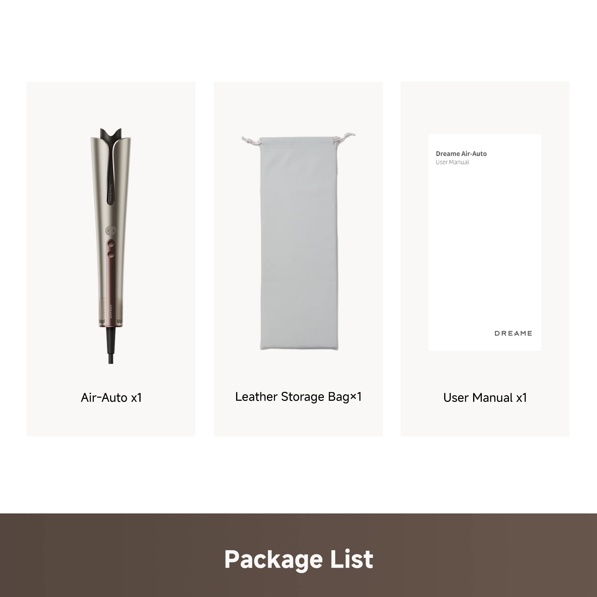 Dreame Air Auto hair styler package contents showing the device and included styling accessories