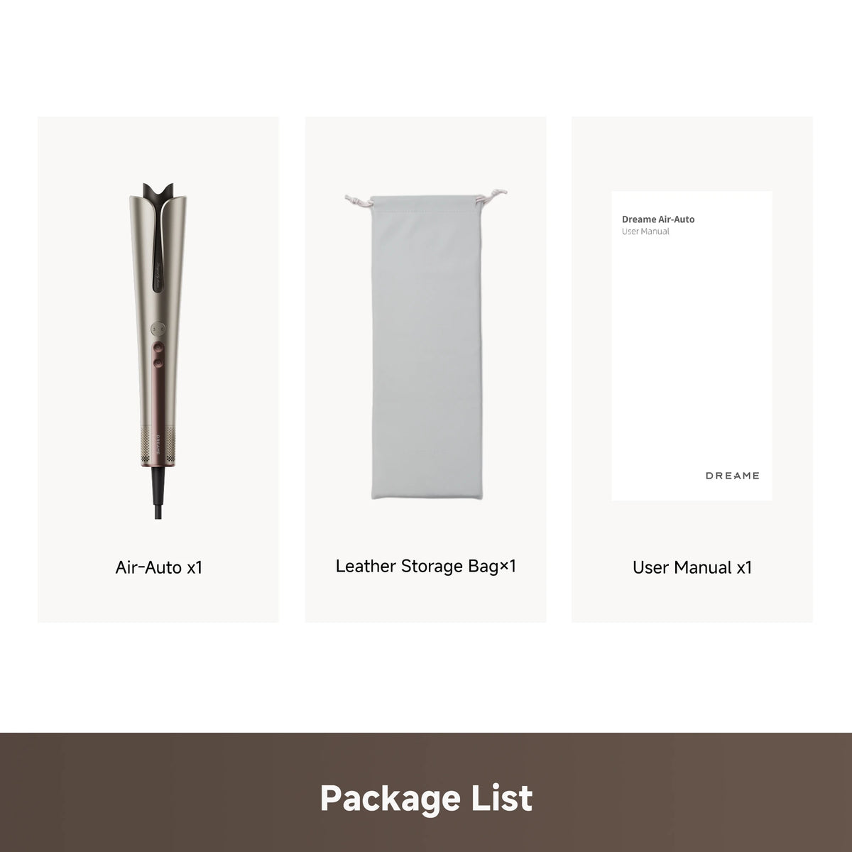 Dreame Air Auto hair styler package contents showing the device and included styling accessories
