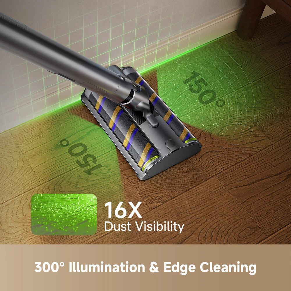 illuminated floor brush reveals hidden dust along edges and corners