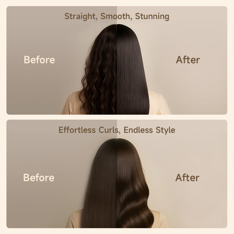 Before and after comparison of Dreame AirStyle Pro showing hair styling results