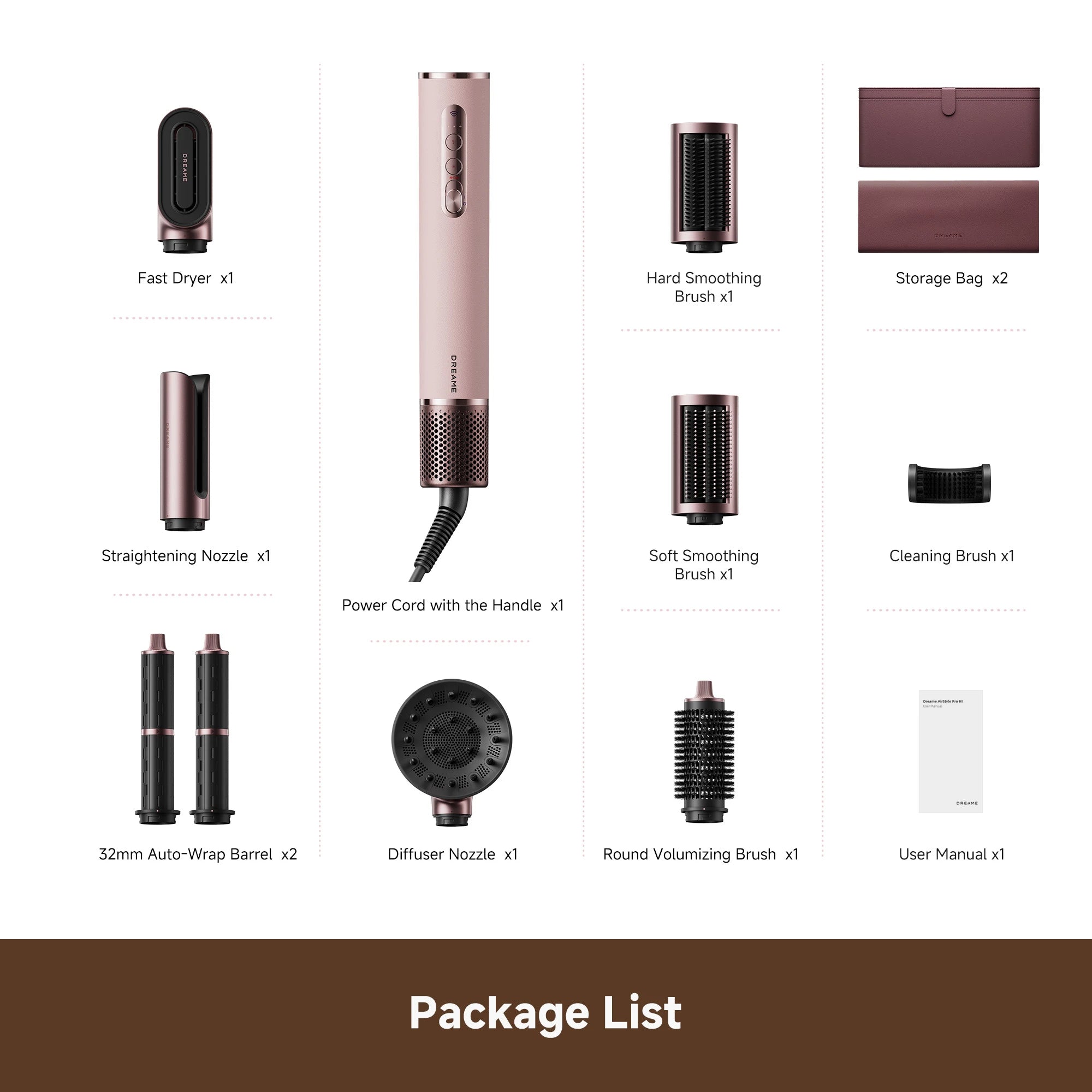 Dreame AirStyle Pro HI hair styler package contents showing all included styling attachments and accessories