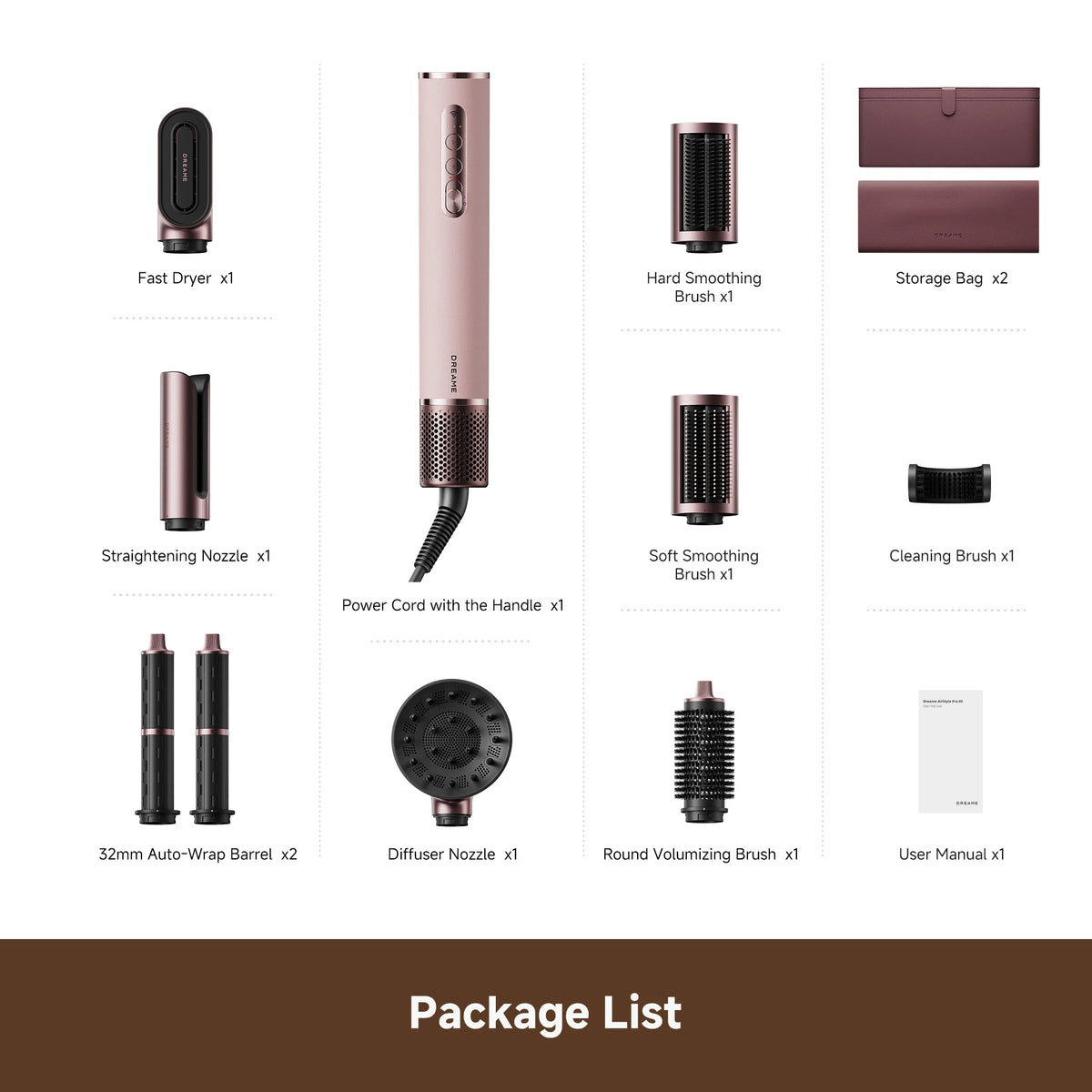 Dreame AirStyle Pro HI hair styler package contents showing all included styling attachments and accessories