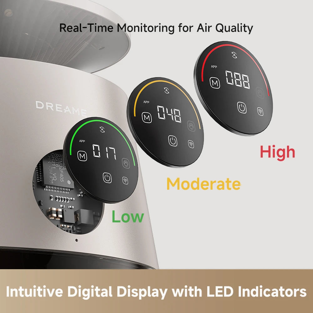Dreame AP10 pet air purifier featuring a dynamic LED strip and digital display screen for smart monitoring