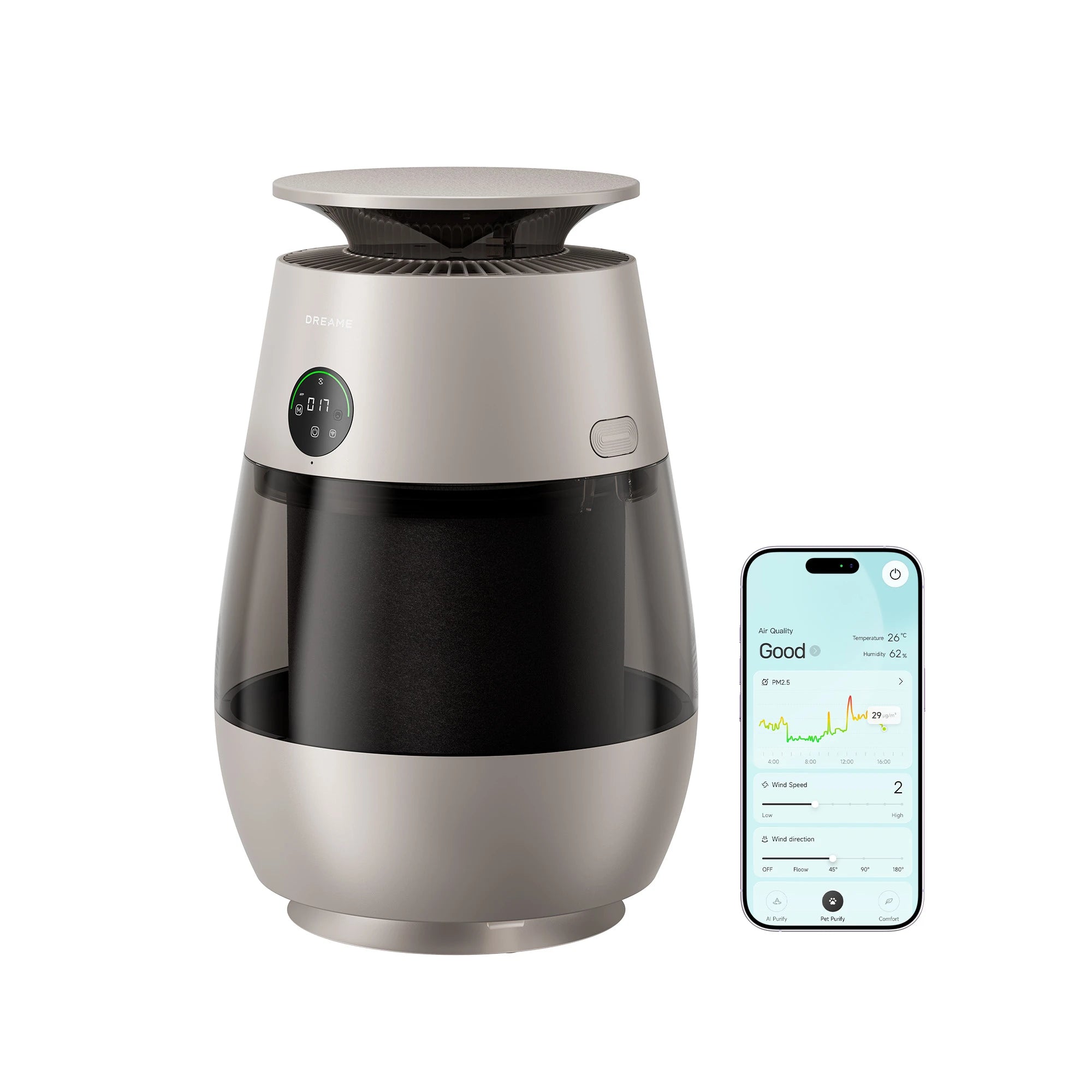 Dreame AP10 pet air purifier displayed on a clean white background showcasing its innovative pet-friendly design