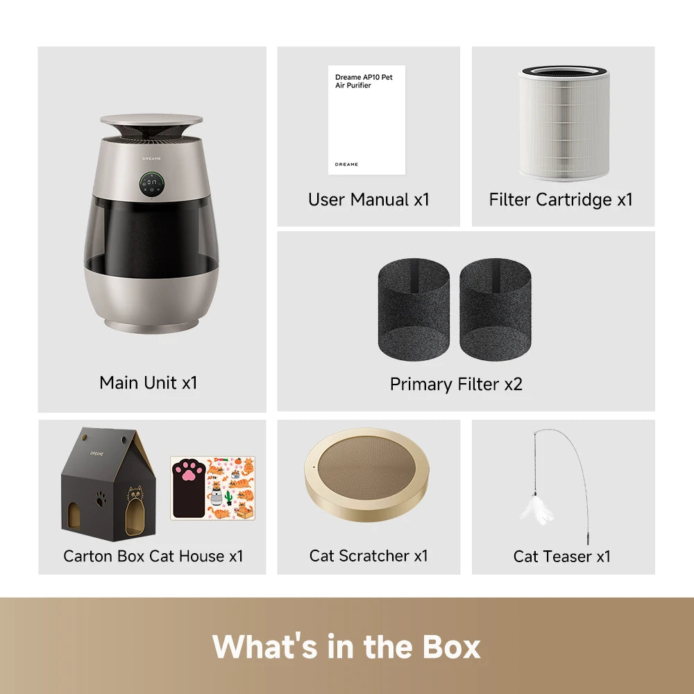 Dreame AP10 pet air purifier package contents showing included accessories and product components