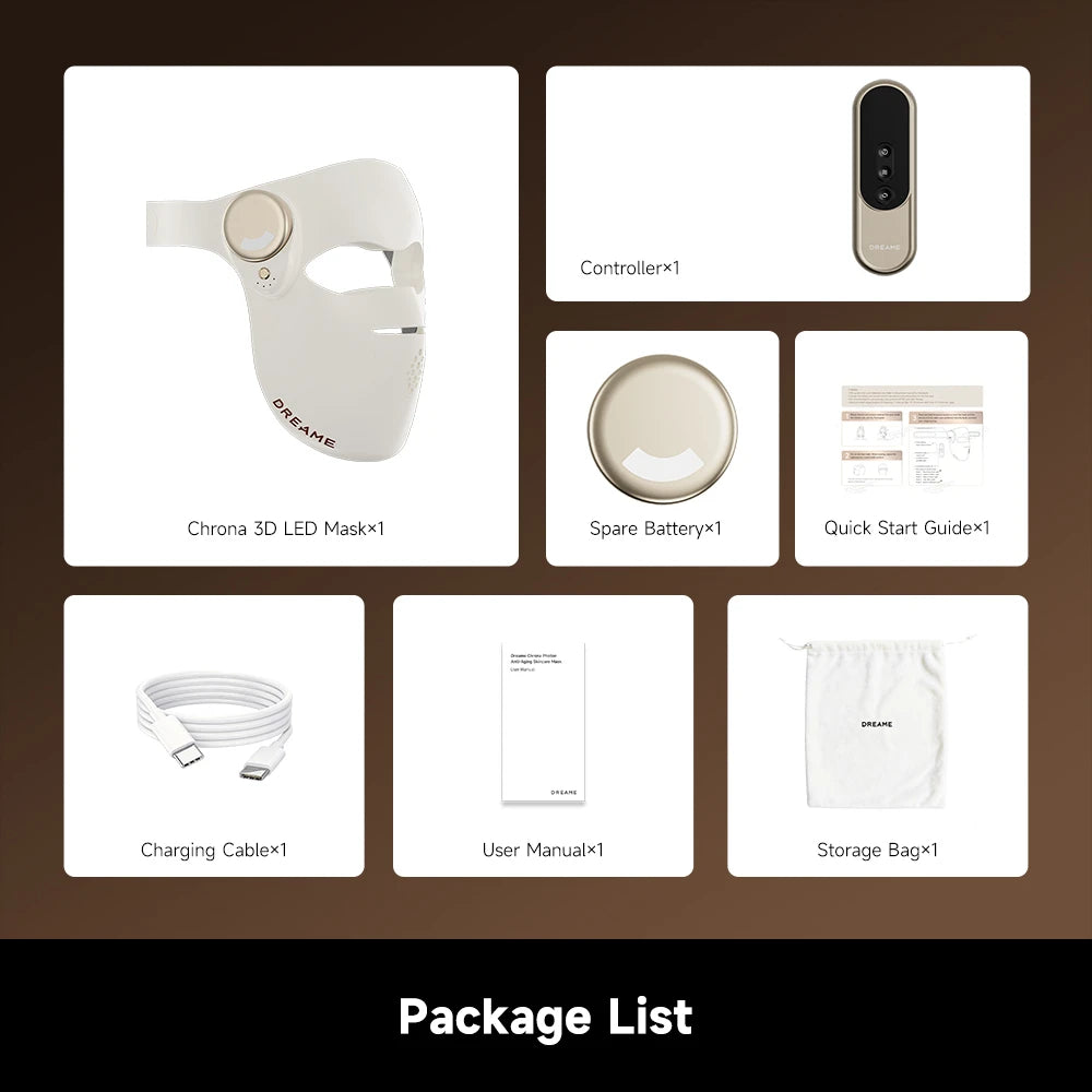 Dreame Chrona light therapy device package contents showing the device and included accessories