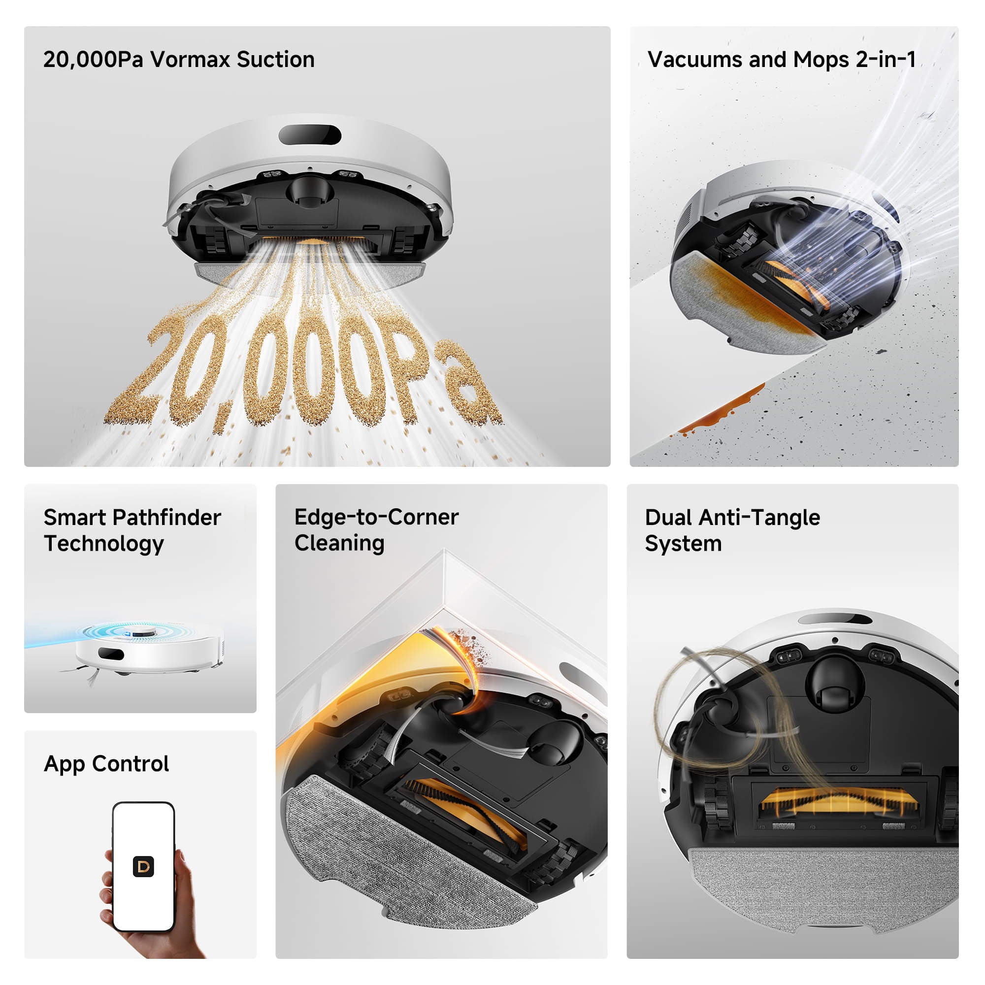 Dreame F20 robot vacuum key features overview including strong suction smart navigation and vacuum mop combo
