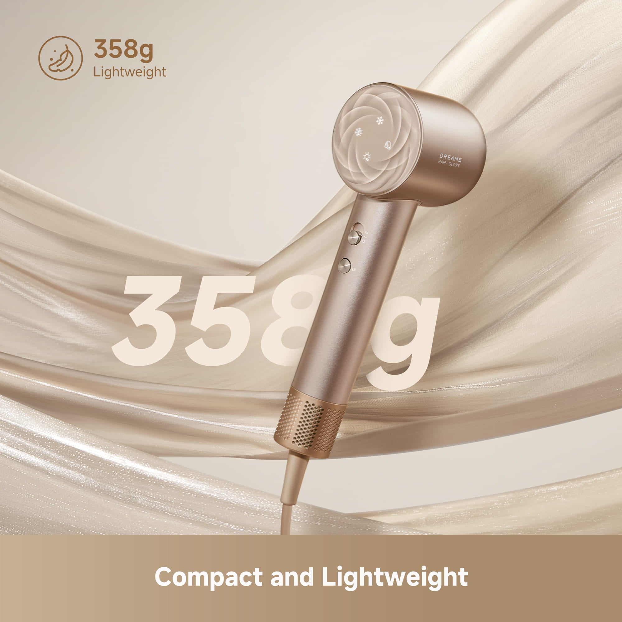 The Dreame Glory Uni Hair Dryer features a lightweight and portable design, making it convenient for travel and everyday use.