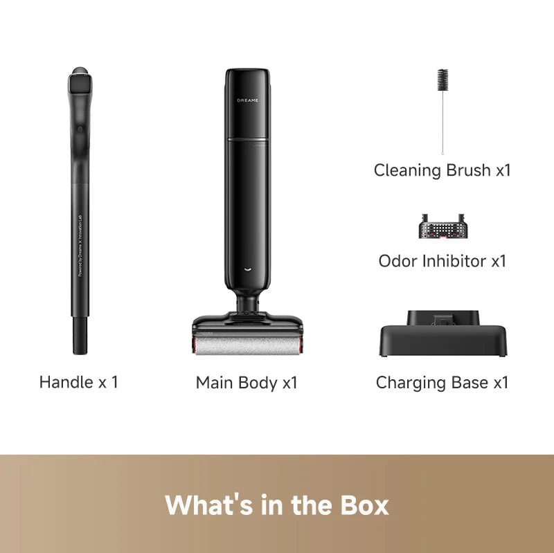 Dreame H16 FlexReach wet and dry vacuum package contents showing the vacuum, charging dock, and included accessories