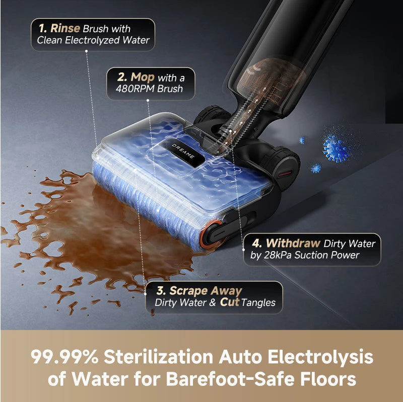 Dreame H16 FlexReach wet and dry vacuum using auto electrolysis for 99.99% sterilization and cleaner hard floors