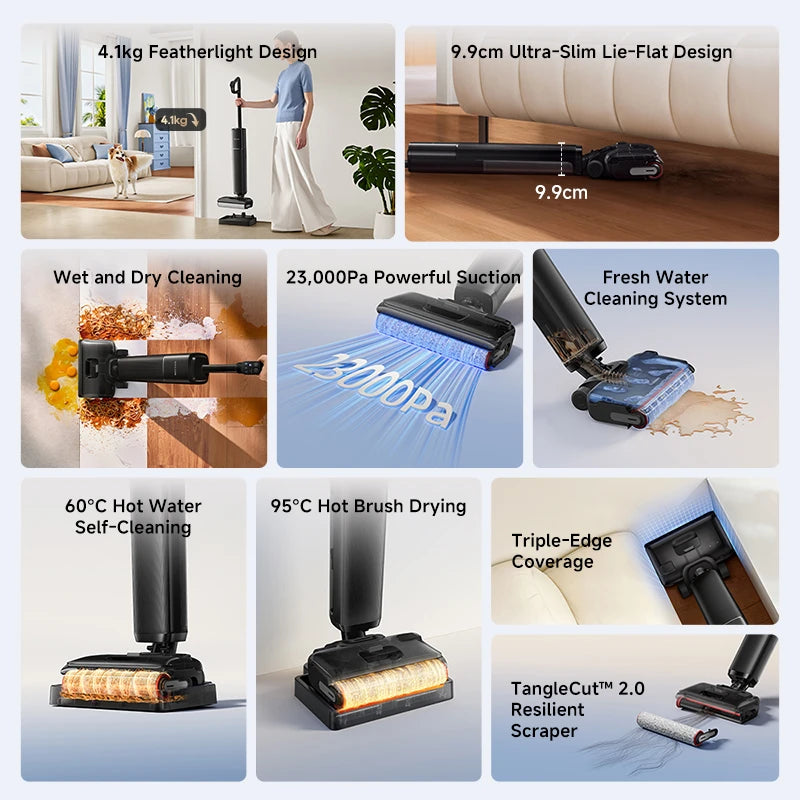 Dreame H16 GT wet dry vacuum with 23kPa suction lightweight design slim reach edge cleaning and anti tangle technology