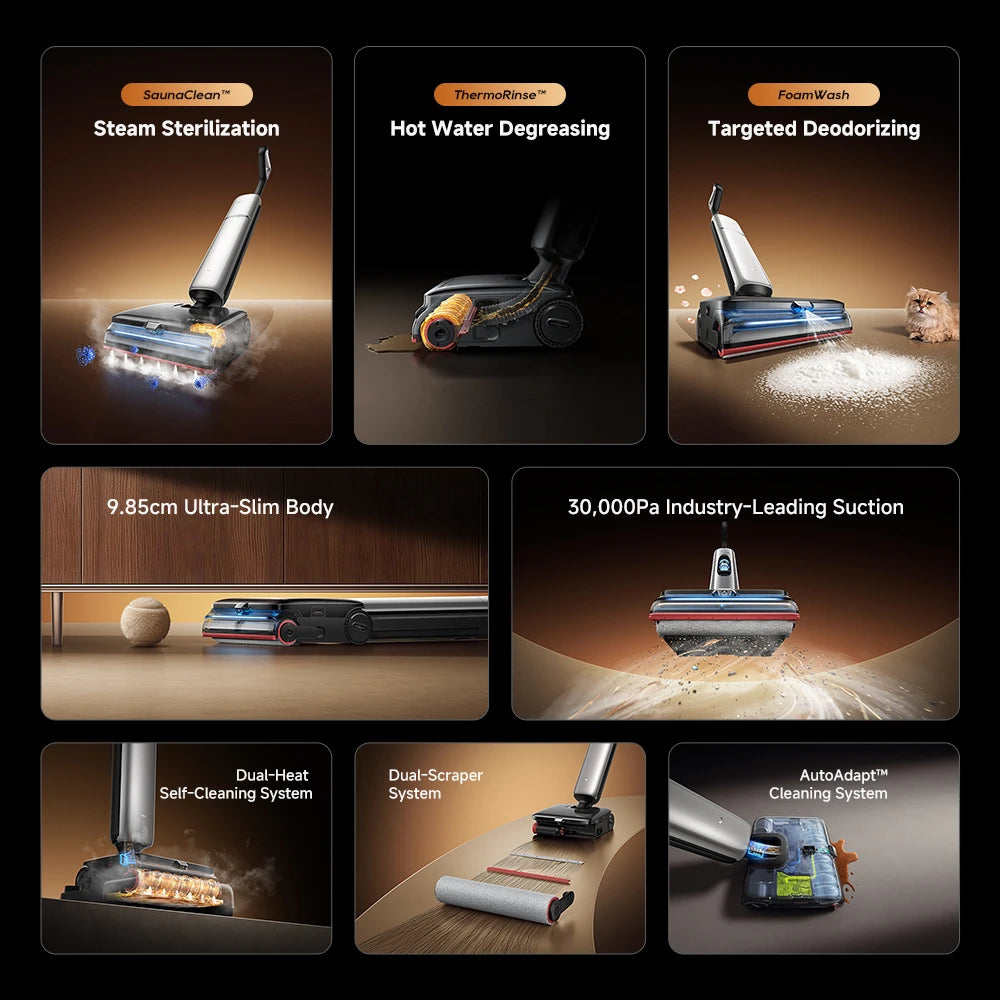 wet dry vacuum with 30000Pa suction steam cleaning hot water washing and self cleaning system
