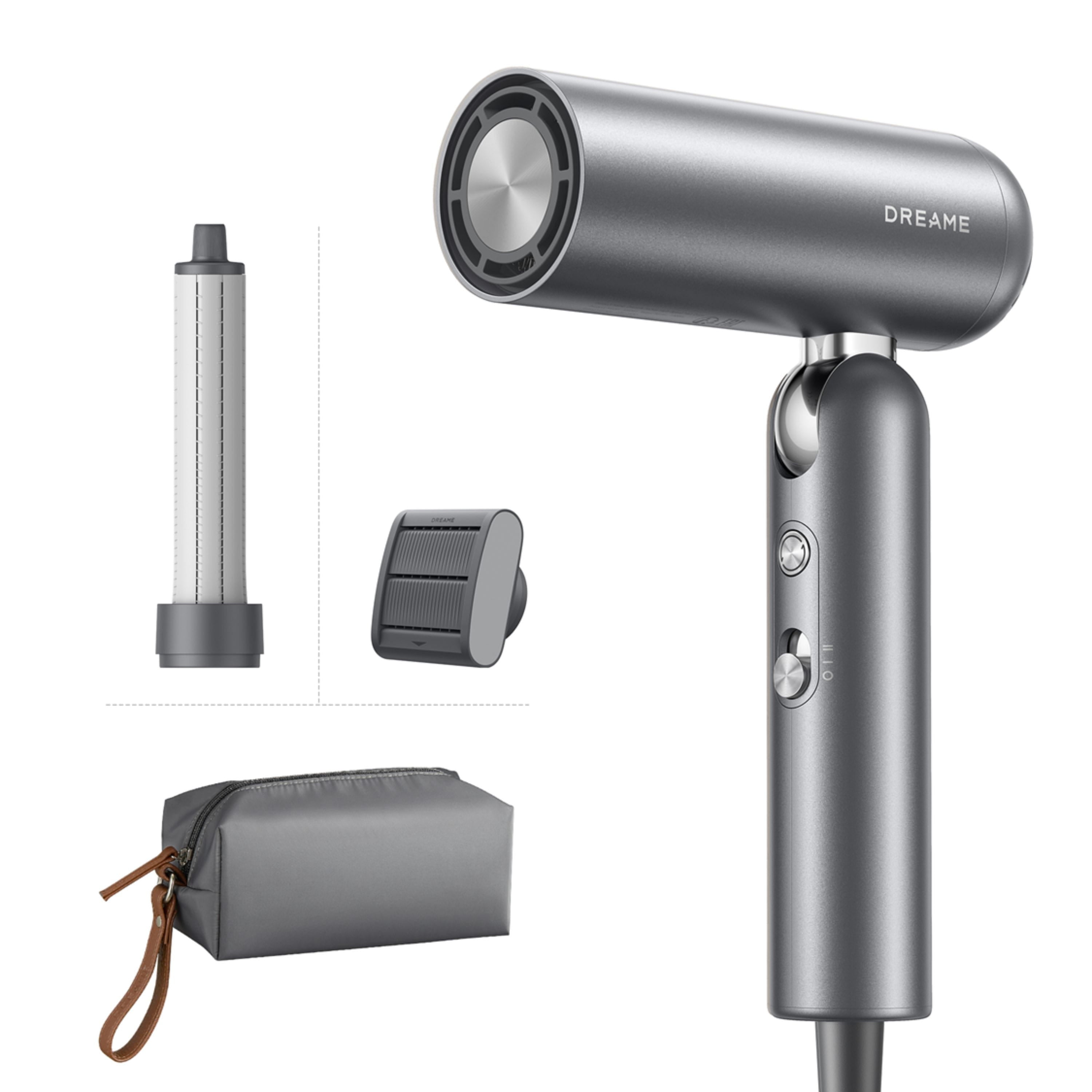 Dreame Pocket gray hair dryer set with free curling nozzle unfrizz nozzle and storage bag included